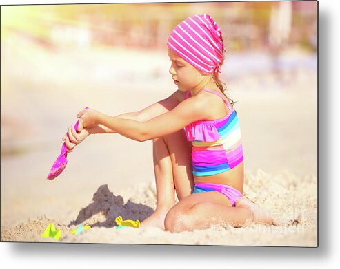 Active Metal Print featuring the photograph Little girl playing on the beach by Anna Om