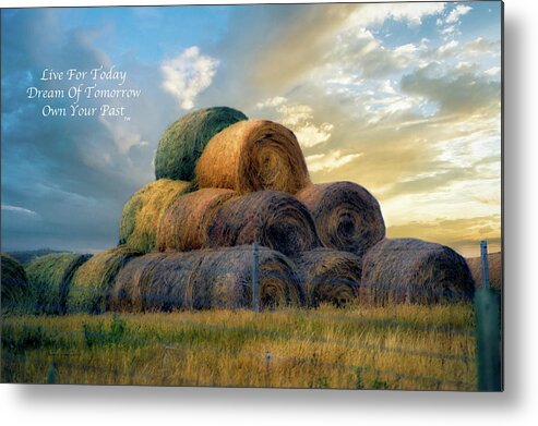 Farming Metal Print featuring the photograph Live Dream Own Farming Great Plains Hayrolls Text by Thomas Woolworth