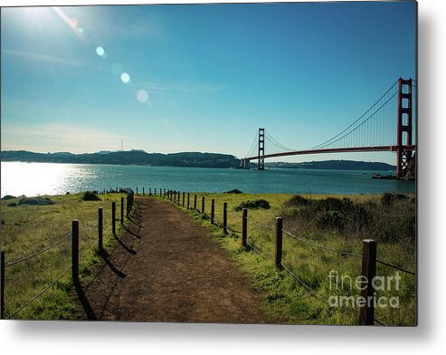Bridge Metal Print featuring the photograph Lonely path with the golden gate bridge in the background by Amanda Mohler