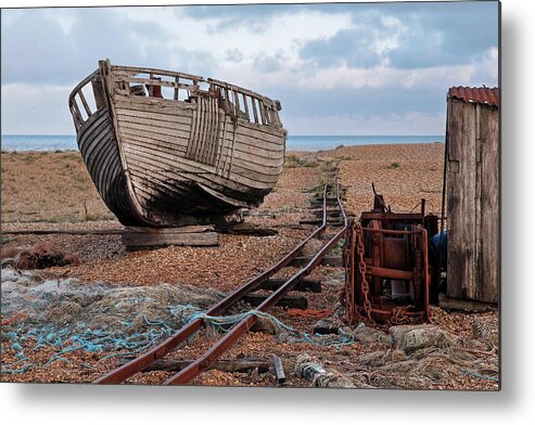 Old Fishing Boat Metal Print featuring the photograph Long Forgotten - Rusty Winch and Old Fishing Boat by Gill Billington