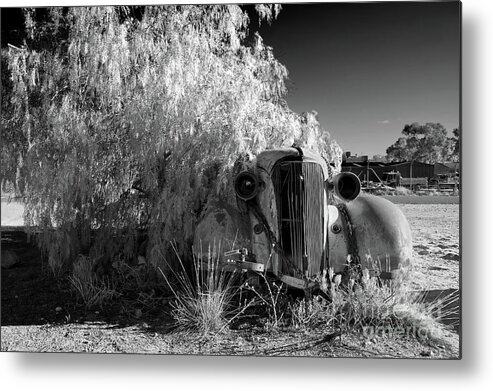 Broken Hill Nsw New South Wales Australian Old Car Pepper Tree Monochrome Mono B&w Black And White Metal Print featuring the photograph Long Term Parking by Bill Robinson