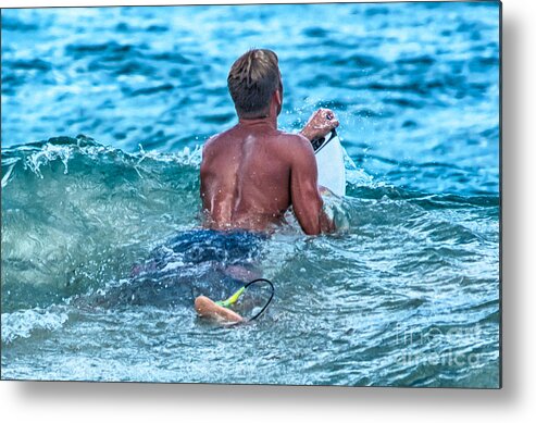 A Surfer Waits And Looks For The Next Wave To Ride. Metal Print featuring the photograph In The Lineup by Eye Olating Images