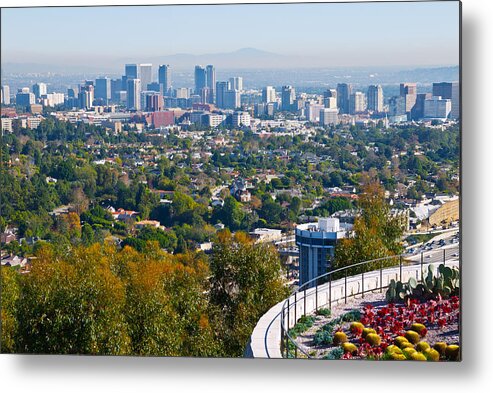 Los Angeles Metal Print featuring the photograph Los Angeles Skyline from the Getty Museum by Melinda Fawver