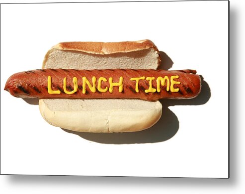 Hot Dog With The Words i (heart Symbol) Hot Dogs In Mustard Isolated Isolated On White Metal Print featuring the photograph Lunch Time by Mike Ledray