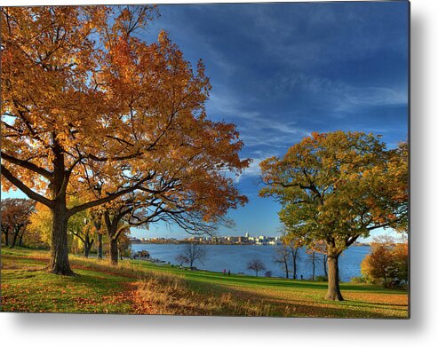 Olin Park Madison Wi Autumn Lake Monona Wisconsin Lake Fall Color Blue Yellow Capitol Metal Print featuring the photograph Madison across Lake Monona in Autumn Splendor from Olin Park by Peter Herman