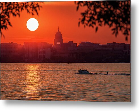 Madison Wi Sunset Monona Lake Monona Boating Fishing Capitol State Capitol Water Horizontal Landscape Scenic Silhouette Skyline Water Skiing Skiing Metal Print featuring the photograph Madison Sunset over Lake Monona #2 by Peter Herman