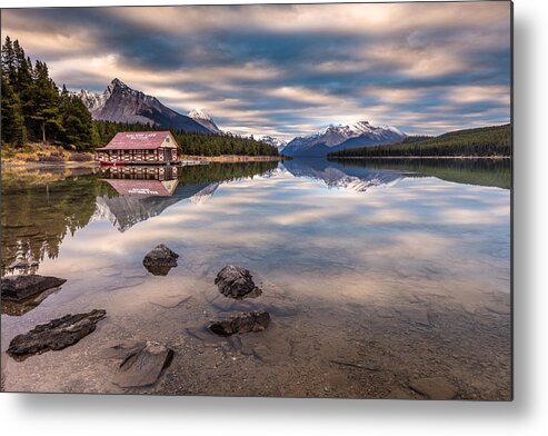 Maligne Lake Metal Print featuring the photograph Maligne Lake Boat House sunrise by Pierre Leclerc Photography