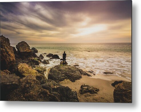 Beach Metal Print featuring the photograph Man Watching Sunset in Malibu by Andy Konieczny