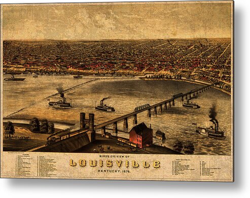 Map Of Louisville Metal Print featuring the mixed media Map of Louisville Kentucky Vintage Birds Eye View Aerial Schematic on Old Distressed Canvas by Design Turnpike