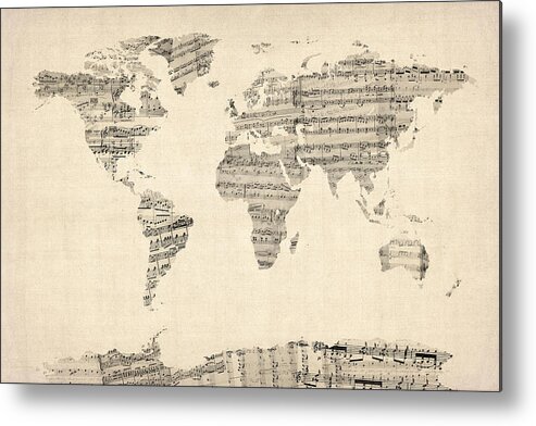 World Map Metal Print featuring the digital art Map of the World Map from Old Sheet Music by Michael Tompsett