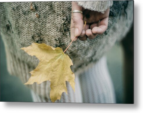 Woman Metal Print featuring the photograph Maple Leaf. Prickle Tenderness by Inna Mosina