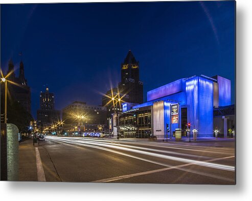 Marcus Center For Performing Arts Metal Print featuring the photograph Center for Performing arts building at dusk in Milwaukee by Sven Brogren