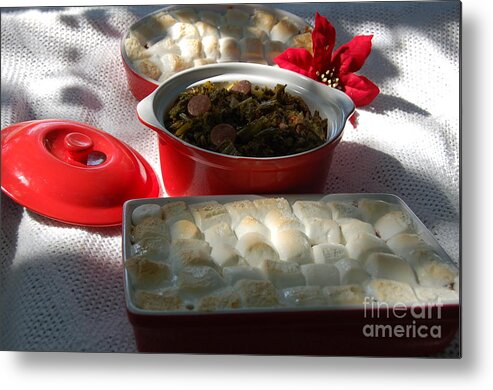 Food Metal Print featuring the photograph Marshmellow covered candied yams and Southern Greens by Mia Alexander