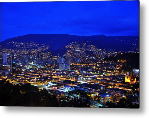 Blue Metal Print featuring the photograph Medellin Colombia at Night by Jess Kraft