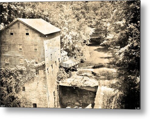 Mill Creek Metro Park Lantermans Mill And Covered Bridge Black And White Mill Waterfall Landscape Landmark Metropolitan Park Youngstown Oh Ohio Mill Creek Creek Boardman Township East Gorge Walk West Gorge Green Brown White Metal Print featuring the photograph Mill Creek Park Lantermans Mill And Covered Bridge Black And White by Lisa Wooten