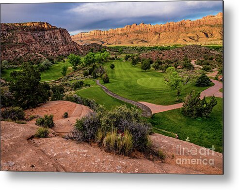 Desert Metal Print featuring the photograph Moab Desert Canyon Golf Course at Sunrise by Gary Whitton