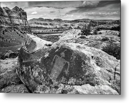 Moab Metal Print featuring the photograph Moab Maiden Petroglyph - Black and White - Utah by Gary Whitton