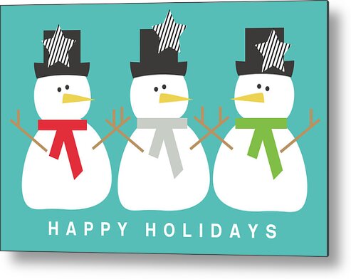 Snowman Metal Print featuring the digital art Modern Snowmen Happy Holidays- Art by Linda Woods by Linda Woods