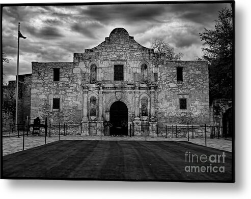 Moody Morning At The Alamo Bw Metal Print featuring the photograph Moody Morning at the Alamo BW by Jemmy Archer