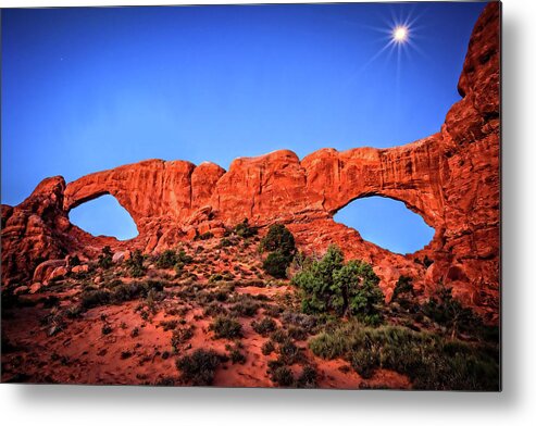 Arches Metal Print featuring the photograph Moon Flares Over Windows by Mike Stephens
