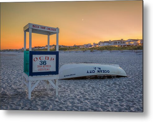 Moon Metal Print featuring the photograph Moon over Lifeboat at Sunset by Mark Rogers