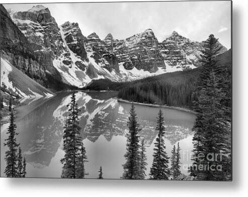 Moraine Lake Metal Print featuring the photograph Moraine Lake Emerald Water Reflections Black And White by Adam Jewell
