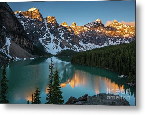 Lake Moraine Metal Print featuring the photograph Lake Moraine Golden Alpenglow Reflection by Mike Reid