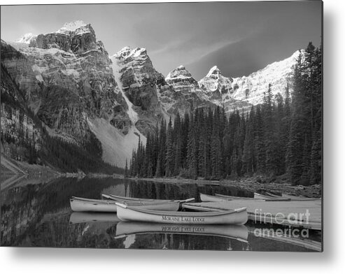 Moraine Lake Moraine Lake Black And White Metal Print featuring the photograph Moraine Lake In Black And White by Adam Jewell