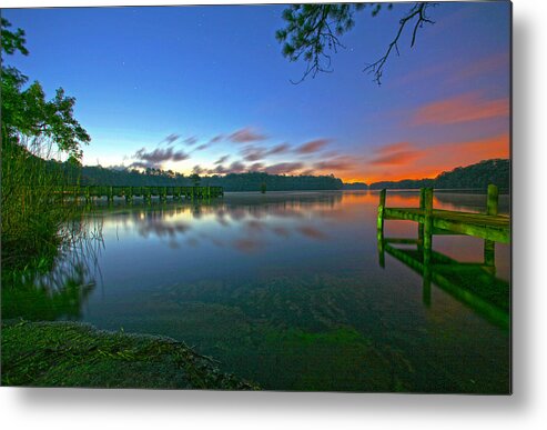 Sky Water Lake Pond Pier Stars Cloud Clouds Tree Trees Shore Beach Metal Print featuring the photograph Morning Star by Robert Och
