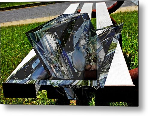 Cars Metal Print featuring the digital art Motorcycle and park bench as art by Karl Rose