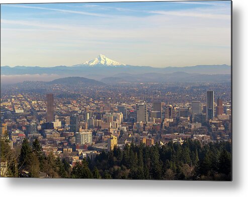 Mount Hood Metal Print featuring the photograph Mount Hood over City of Portland Oregon by David Gn