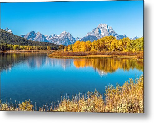 Aspen Metal Print featuring the photograph Mount Moran from the Snake River in Autumn by James Udall