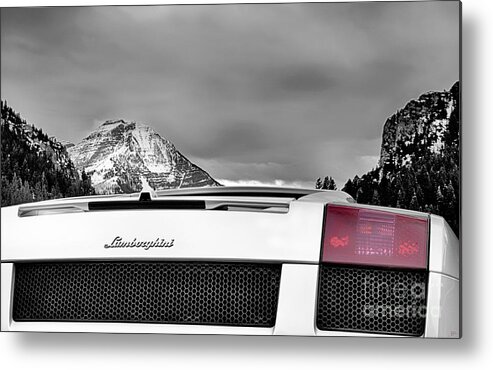 Mountain Lamborghini Metal Print featuring the photograph Mountain Lamborghini, White, Christmas Gift for Husband, Lambo, by David Millenheft