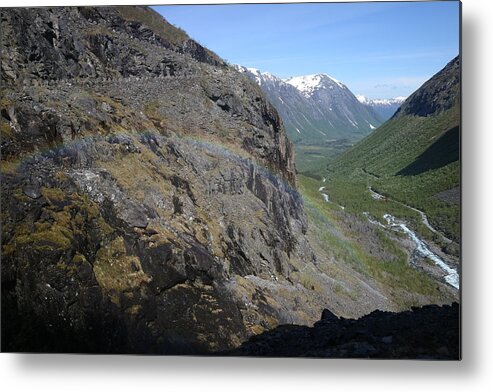 Trollstigen Road Rainbow Water Mountain Pass Snow Rock River Creek Valley Color Colour Metal Print featuring the photograph Mountain rainbow by Anfisaval 