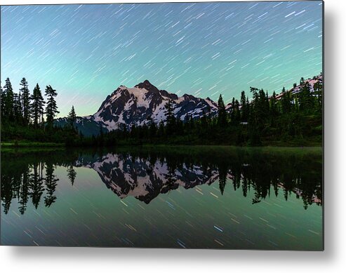 Outdoor; Milky Way; Mountains; North Cascade; Mt Shuksan; Star Trails; Lake; Picture Lake; Mount Baker; Mountain; Tree; Mount Baker National Forest; Artist Point; Mt Baker High Way Metal Print featuring the digital art Mt Shuksan and Star Trails by Michael Lee
