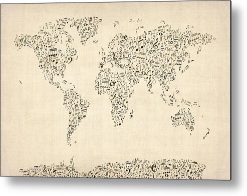 World Map Metal Print featuring the digital art Music Notes Map of the World Map by Michael Tompsett