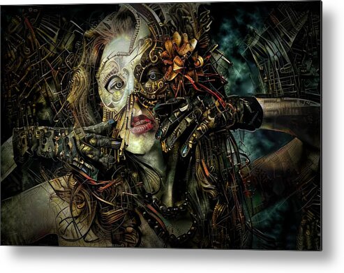 Steampunk Metal Print featuring the mixed media Mysterious guest by Lilia S