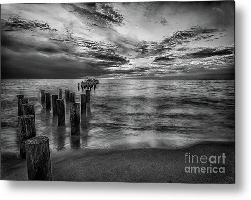 Old Naples Pier Metal Print featuring the photograph Naples sunset in Black and White by Paul Quinn