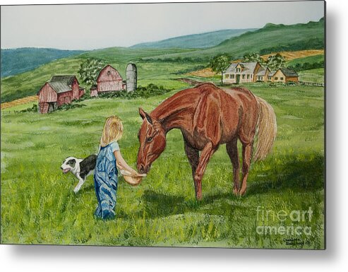 Country Kids Art Metal Print featuring the painting New Friends by Charlotte Blanchard