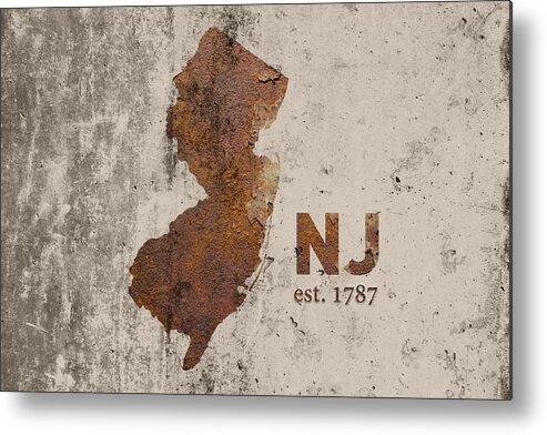 New Jersey Metal Print featuring the mixed media New Jersey State Map Industrial Rusted Metal on Cement Wall with Founding Date Series 026 by Design Turnpike