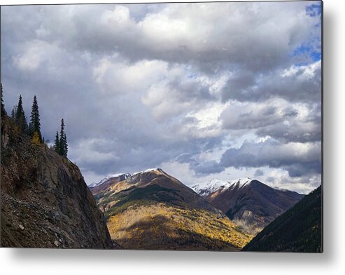 Mountains; Clouds; Colorado; Snow; Autumn; Late Fall; Evergreens; Pine Trees; Aspins; Rocks; Scenic; Landscape; Stormy; Shadows; San Juan Skyway; San Juan Mountains Metal Print featuring the photograph Peeking at the Peaks by Theo O'Connor