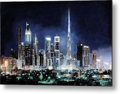 Emirates Metal Print featuring the painting night in Dubai City by Guido Borelli