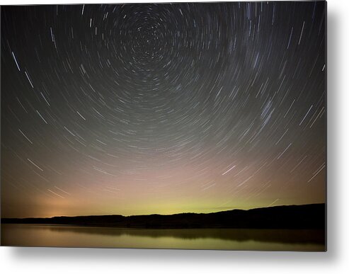 Night Metal Print featuring the photograph Night Shot Star Trails lake by Mark Duffy
