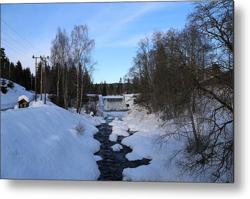 Waterfront Trees Winter Snow Water Bluesky Scandinavia Norway Europe Countryside Trees Metal Print featuring the digital art Norwegian Winter landscape. by Jeanette Rode Dybdahl