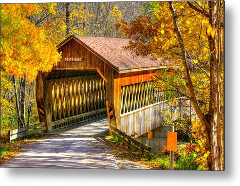 State Road Covered Bridge Metal Print featuring the photograph Ohio Country Roads - State Road Covered Bridge Over Conneaut Creek No. 11 - Ashtabula County by Michael Mazaika