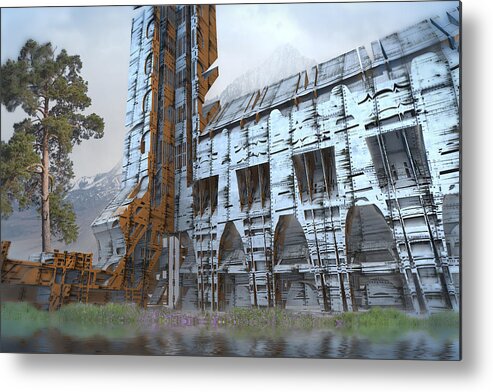 Sciencefiction Scifi Grunge Dystopian Architecture Building Fractal Fractalart Mandelbulb3d Mandelbulb Landscape Metal Print featuring the digital art Old Barn and Silo by Hal Tenny