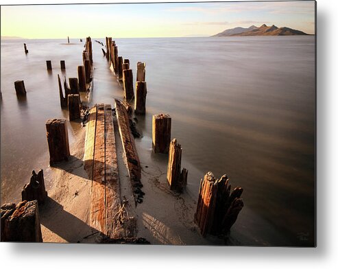 Utah; Abstract; Landscape; Great Salt Lake; Sunset; Salt; Orange; Pink; Red; Lake; Water; Reflection; Waves Metal Print featuring the photograph Old Floating Pier Sunset by Brett Pelletier