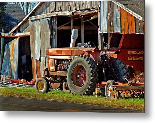 Tractors Metal Print featuring the painting Old Red Tractor and the Barn by Michael Thomas