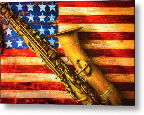 American Metal Print featuring the photograph Old Saxophone On Wooden Flag by Garry Gay