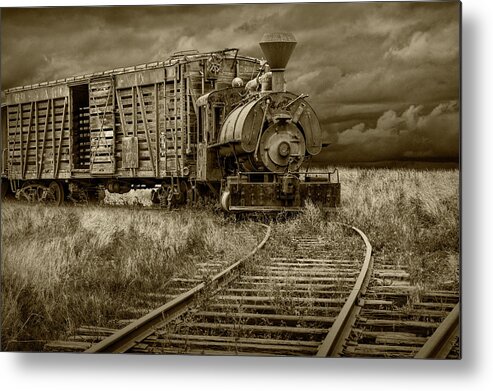 Locomotive Metal Print featuring the photograph Old Steam Locomotive Train Engine in Sepia Tone by Randall Nyhof